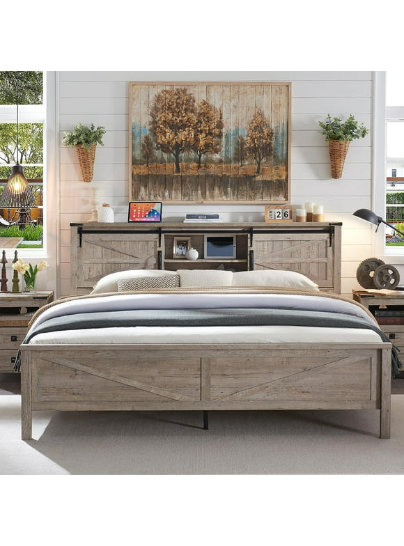 OKD Farmhouse Full Bed Frame, Wood Platform Bed with Bookcase Storage Headboard and Charging Station, No Box Spring Needed, Light Rustic Oak