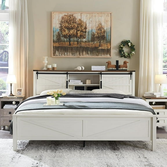 OKD Farmhouse King Bed Frame, Wood Platform Bed with Bookcase Storage Headboard and Charging Station, No Box Spring Needed, Anitique White