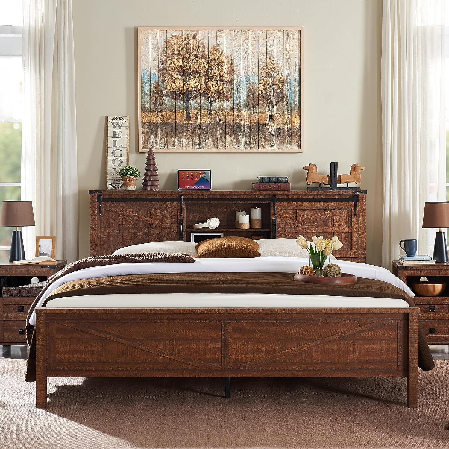 OKD Farmhouse King Bed Frame, Wood Platform Bed With Bookcase Storage ...