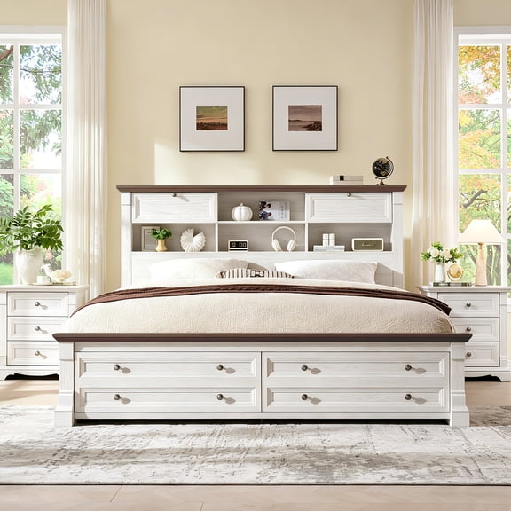 KeyWhat Farmhouse King Size Bed Frame with 54" Tall Storage Bookcase Headboard, Wood Platform Bed Frame with 2 Drawers, No Box Spring Needed, Antique White