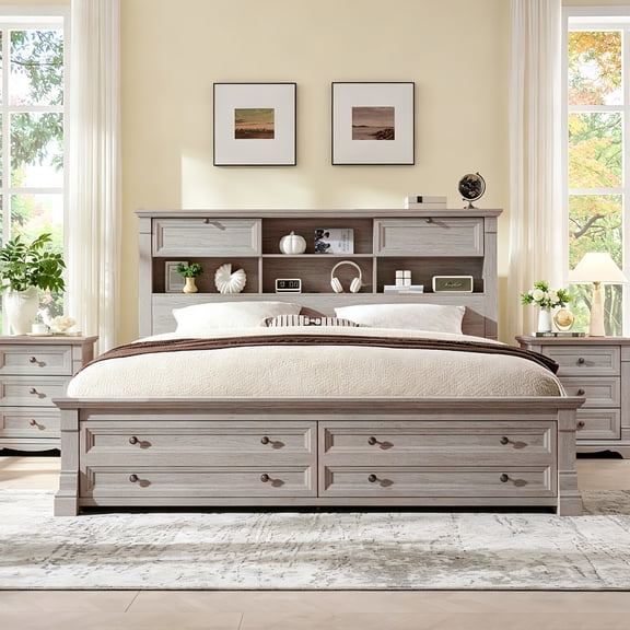 KeyWhat Farmhouse King Size Bed Frame with 54" Tall Storage Bookcase Headboard, Wood Platform Bed Frame with 2 Drawers, No Box Spring Needed, Light Rustic Oak