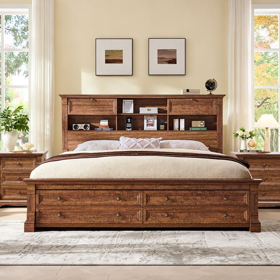 KeyWhat Farmhouse King Size Bed Frame with 54" Tall Storage Bookcase Headboard, Wood Platform Bed Frame with 2 Drawers, No Box Spring Needed, Reclaimed Barnwood