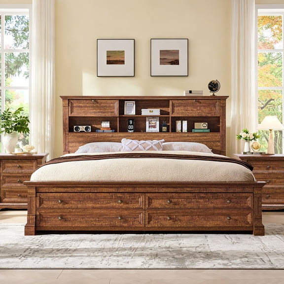 KeyWhat Farmhouse King Size Bed Frame with 54" Tall Storage Bookcase Headboard, Wood Platform Bed Frame with 2 Drawers, No Box Spring Needed, Reclaimed Barnwood