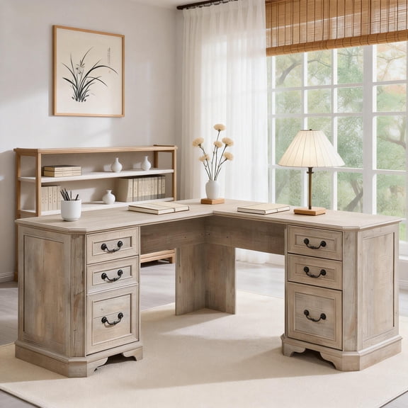 OKD Farmhouse L Shaped Desk with Charging Station and Drawers，Engineered Wood Executive Desk，for Home Office & Living Room