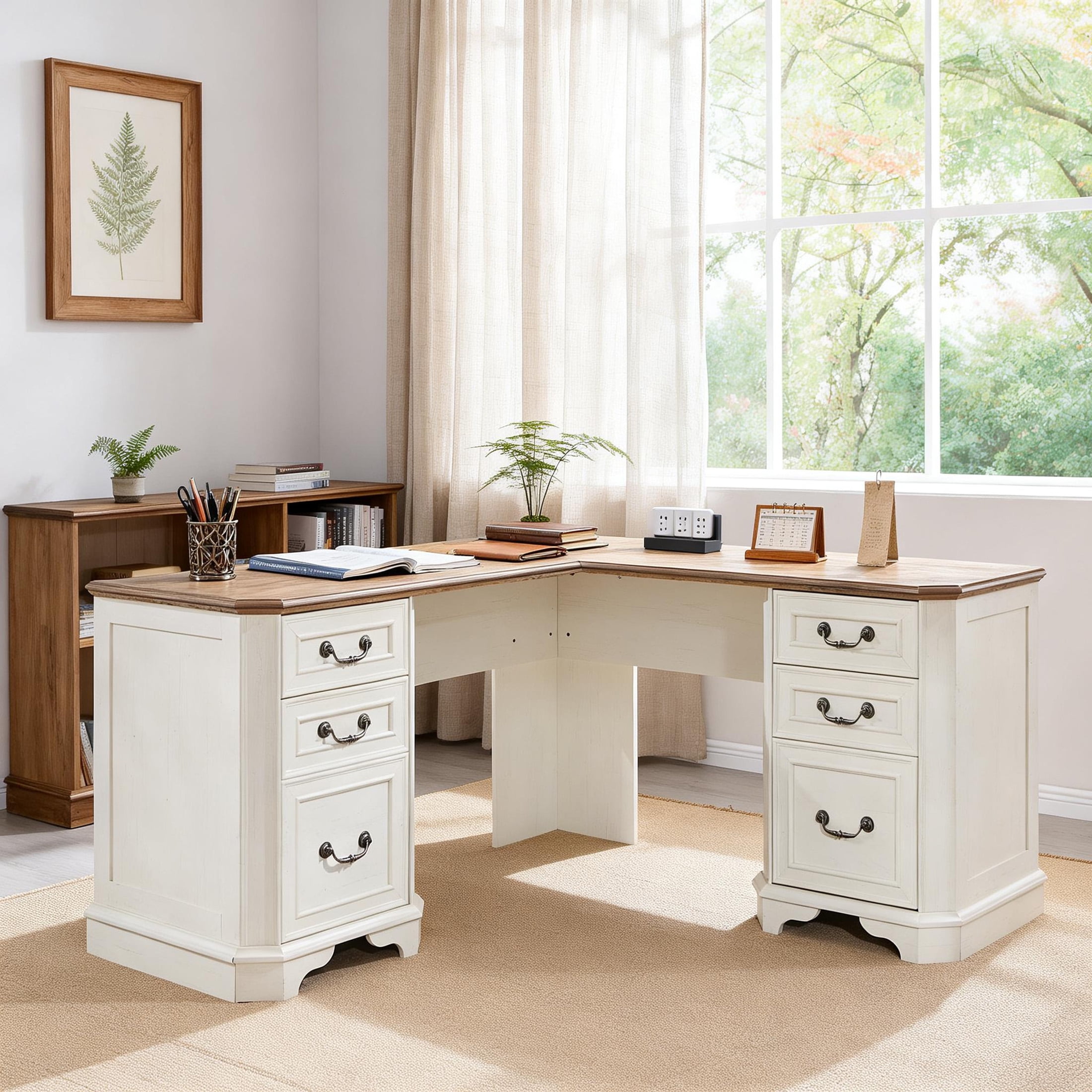 OKD Farmhouse L Shaped Desk with Charging Station and Drawers，Engineered Wood Executive Desk，for Home Office & Living Room