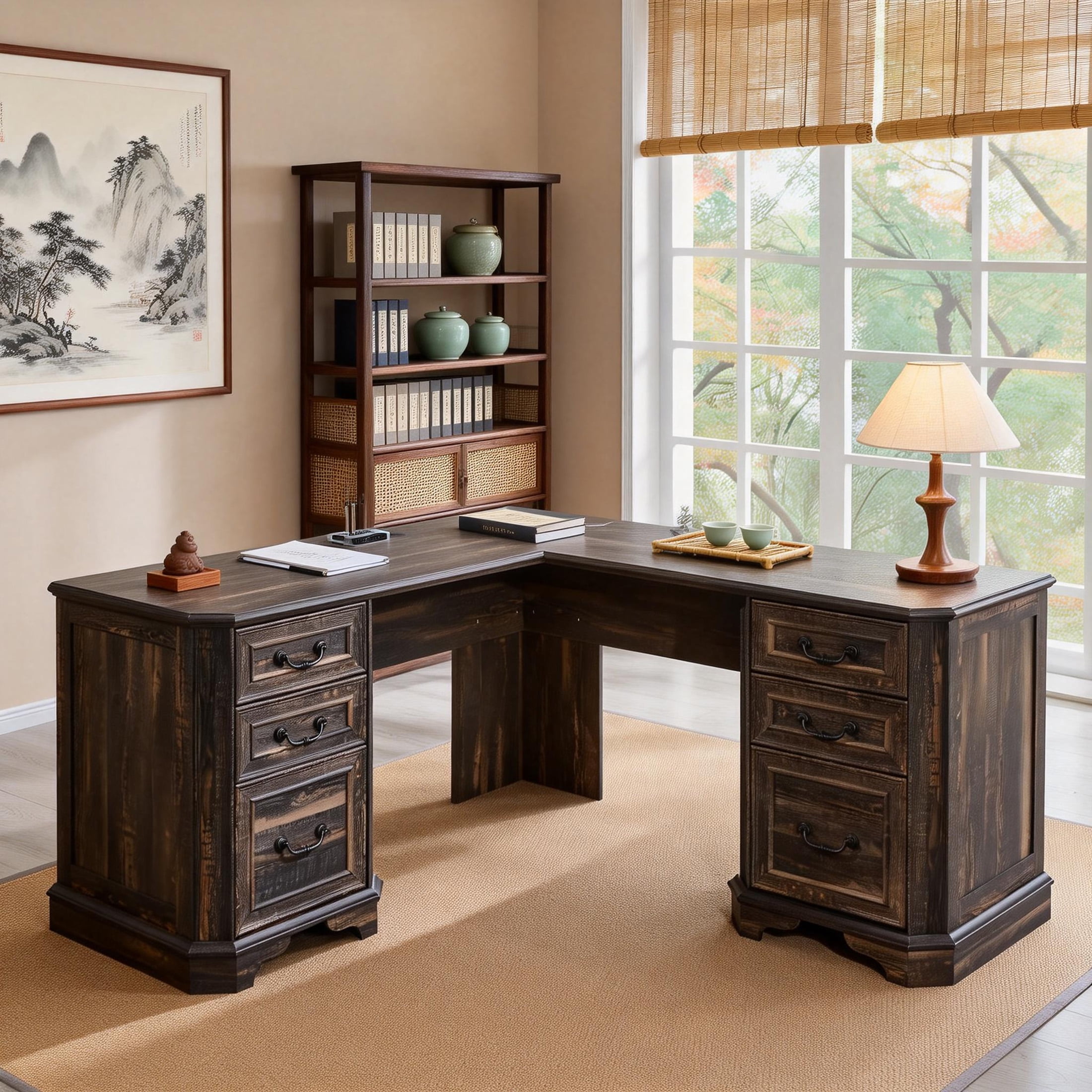 OKD Farmhouse L Shaped Desk with Charging Station and Drawers，Engineered Wood Executive Desk，for Home Office & Living Room