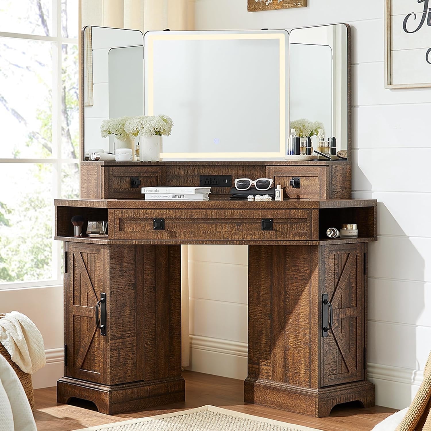 OKD 48" Corner Vanity Desk with Lighted Mirror & Charging Station ...