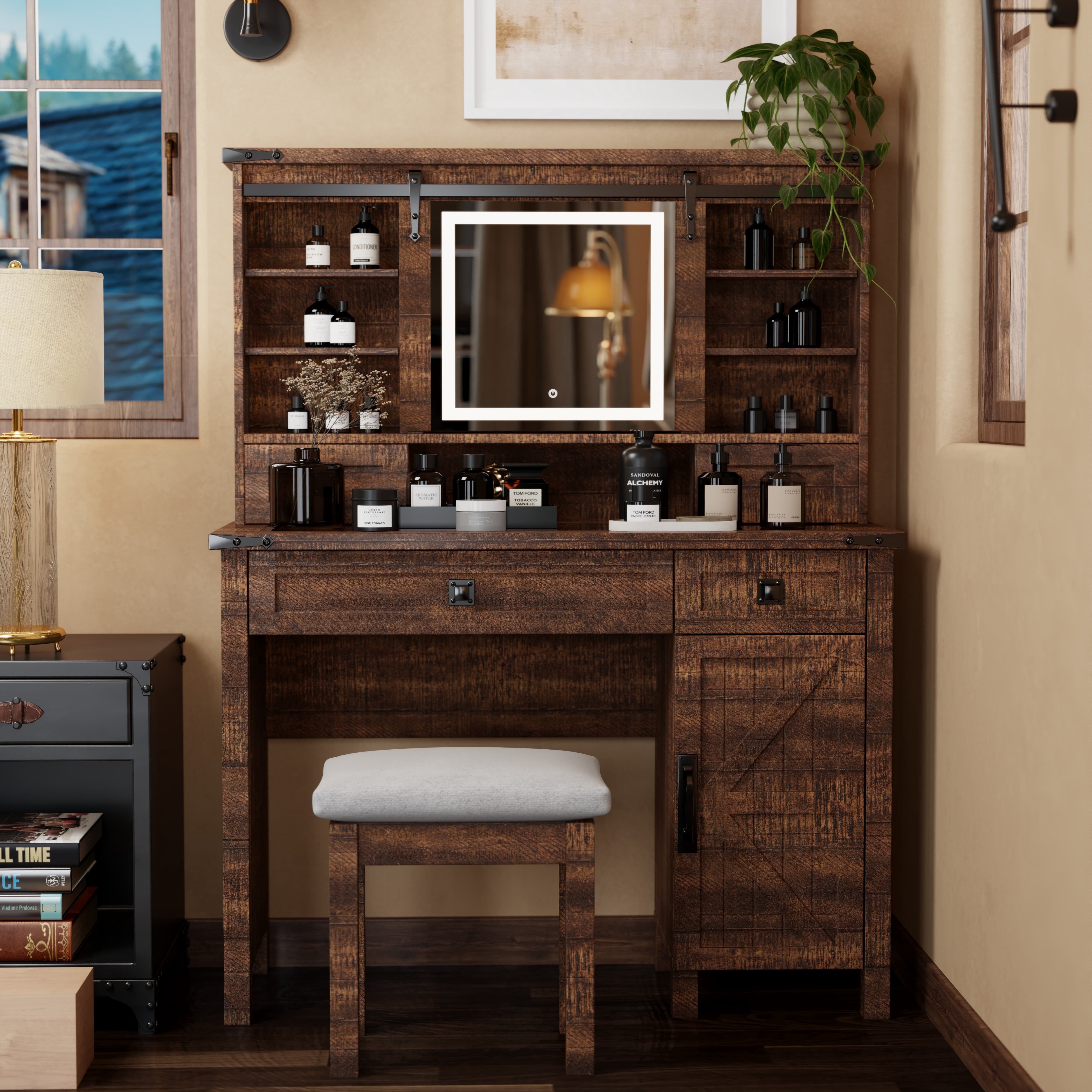 OKD Farmhouse Makeup Vanity Desk with Sliding Mirror and Lights, 42 ...