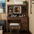 thumbnail image 1 of OKD Farmhouse Makeup Vanity Desk with Sliding Mirror and Lights, 42'' Glass Tabletop Vanity Table with 2 Drawers & Shelves, Rustic Big Vanity Set for Bedroom, Stool Included, Reclaimed Barnwood, 1 of 6