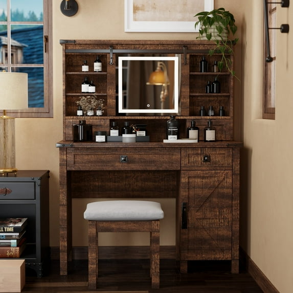 OKD Farmhouse Makeup Vanity Desk with Sliding Mirror and Lights, 42'' Glass Tabletop Vanity Table with 2 Drawers & Shelves, Rustic Big Vanity Set for Bedroom, Stool Included, Reclaimed Barnwood