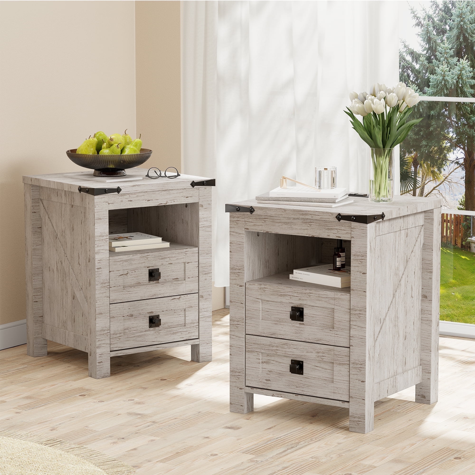 OKD Farmhouse Nightstand Set of 2 with Charging Station, 2-Drawer End Table, Antique Brush White