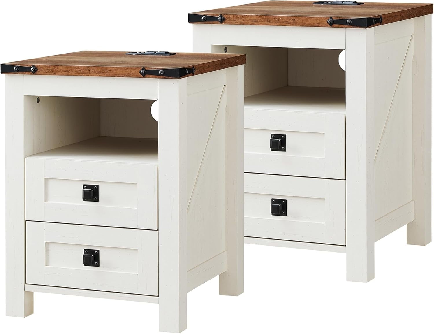 OKD Farmhouse Nightstand Set of 2 with Charging Station, 2-Drawer End Table, Antique White