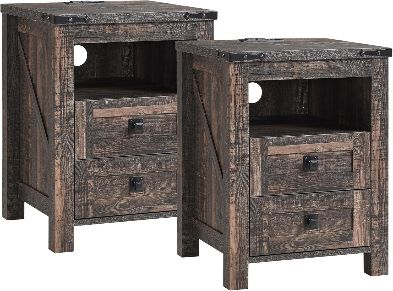 OKD Farmhouse Nightstand Set of 2 with Charging Station, 2-Drawer End Table, Dark Rustic Oak