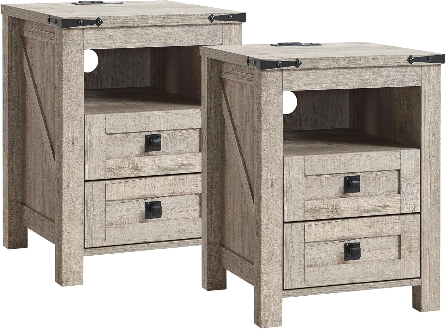 OKD Farmhouse Nightstand Set of 2 with Charging Station, 2-Drawer End Table, Light Rustic Oak