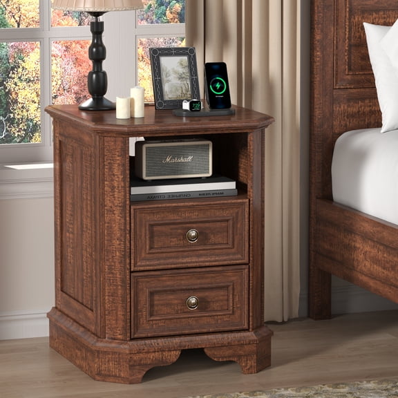 OKD Farmhouse Nightstand with Charging Station, End Table with 2 Drawers for Living Room, Side Table, Brown