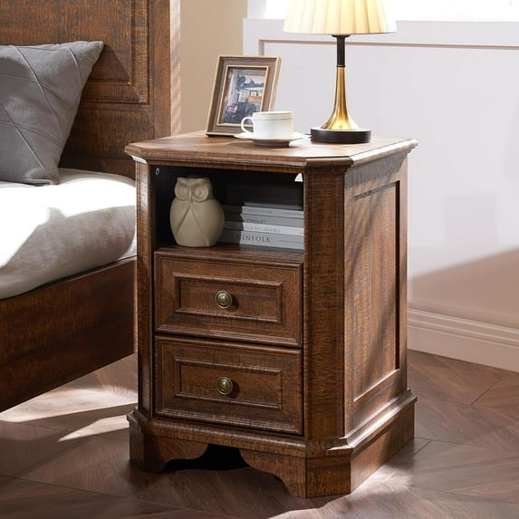OKD Farmhouse Nightstand with Charging Station, End Table with 2 Drawers for Living Room, Side Table, Brown