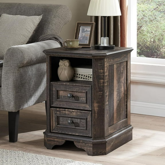 OKD Farmhouse Nightstand with Charging Station, End Table with 2 Drawers for Living Room, Side Table, Dark Rustic Oak