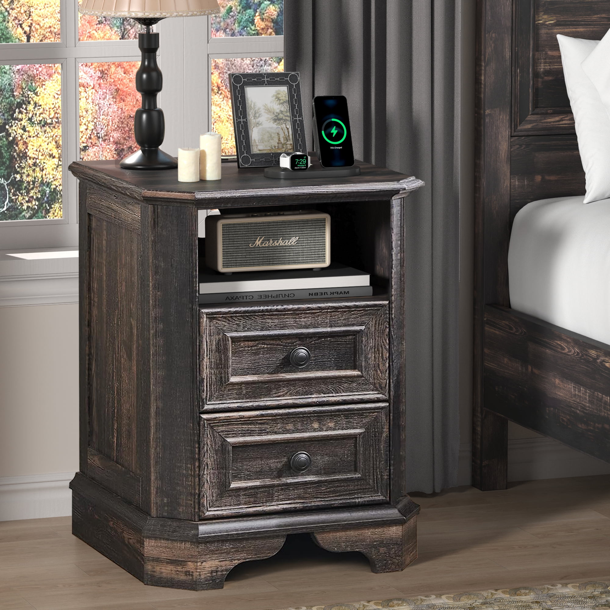 OKD Farmhouse Nightstand with Charging Station, End Table with 2 Drawers for Living Room, Side Table, Dark Rustic Oak