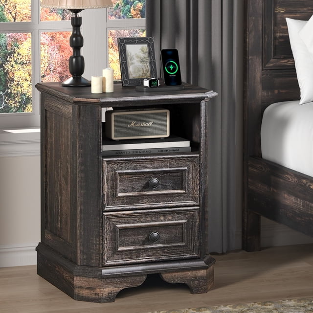 OKD Farmhouse Nightstand with Charging Station, End Table with 2 Drawers for Living Room, Side Table, Dark Rustic Oak