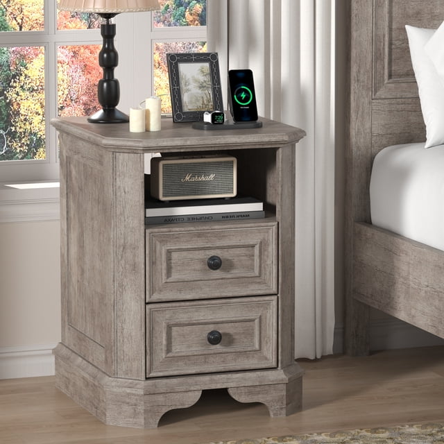 OKD Farmhouse Nightstand with Charging Station, End Table with 2 Drawers for Living Room, Side Table, Light Rustic Oak