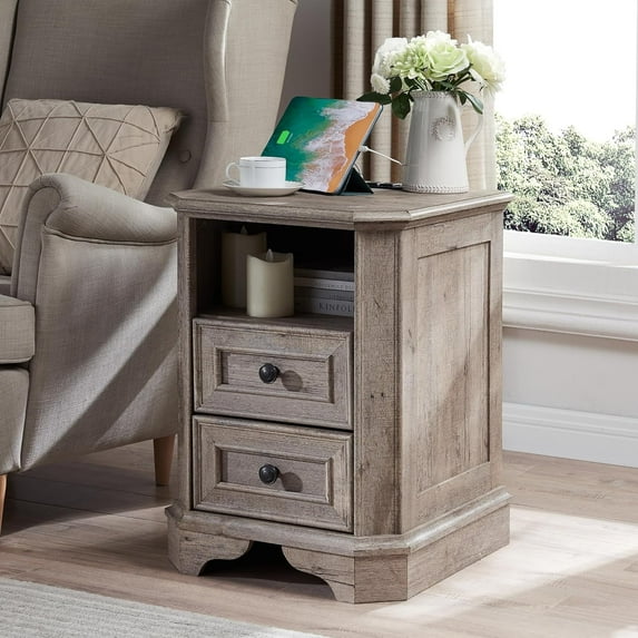 OKD Farmhouse Nightstand with Charging Station, End Table with 2 Drawers for Living Room, Side Table, Light Rustic Oak