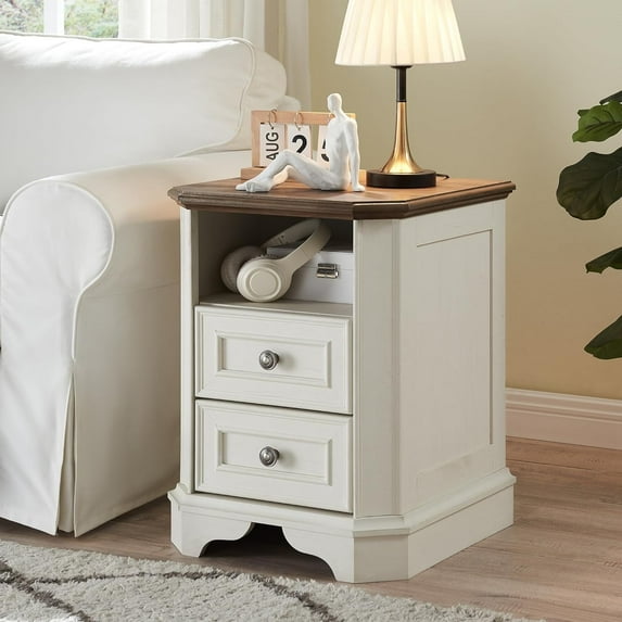 OKD Farmhouse Nightstand with Charging Station, End Table with 2 Drawers for Living Room, Side Table, Vintage White