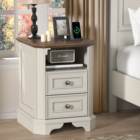 OKD Farmhouse Nightstand with Charging Station, End Table with 2 Drawers for Living Room, Side Table, Vintage White price history and forecast - OKD VSC18ST