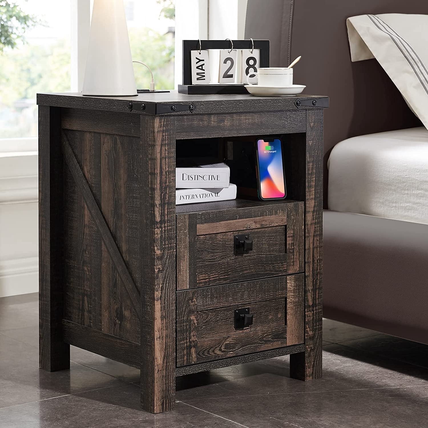 OKD Farmhouse Nightstand with Charging Station for Bedroom, 2-Drawer Rustic End Tables for Living Room, Dark Rustic Oak