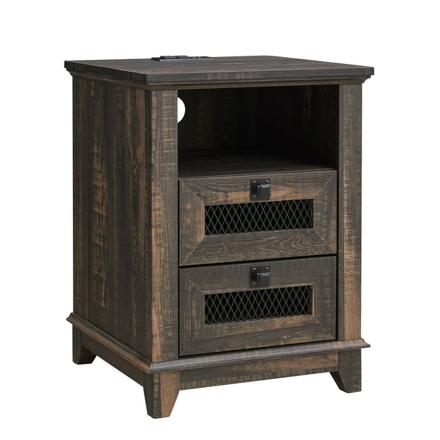 OKD Farmhouse Nightstand with Charging Station and 2 Storage Drawers