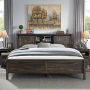 OKD Farmhouse Queen Bed Frame, Wood Platform Bed with Bookcase Storage Headboard and Charging Station, No Box Spring Needed, Dark Rustic Oak