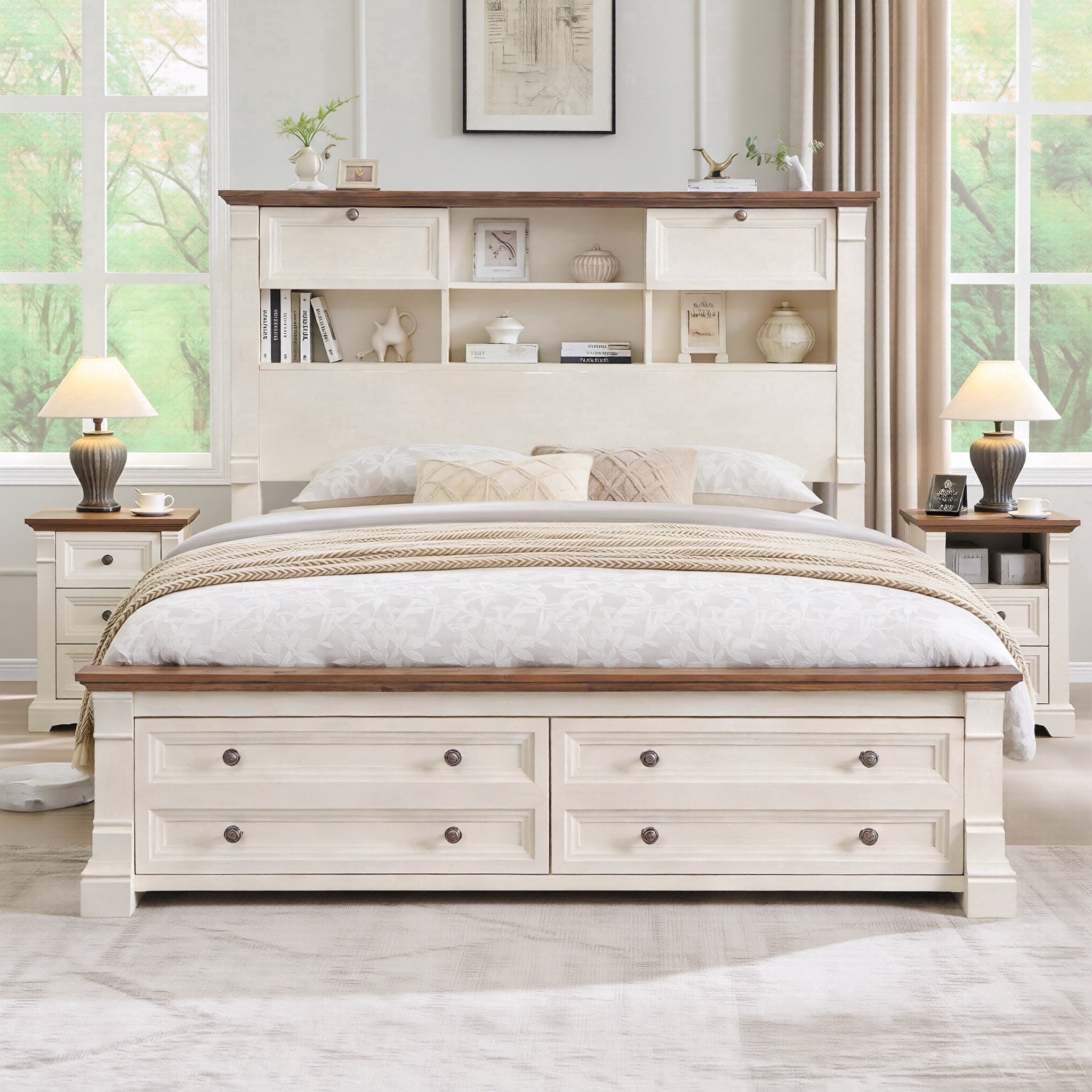 KeyWhat Farmhouse Queen Size Bed Frame with 54" Tall Storage Bookcase Headboard, Wood Platform Bed Frame with 2 Drawers, No Box Spring Needed, Antique White