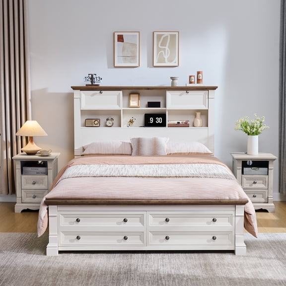 KeyWhat Farmhouse Queen Size Bed Frame with 54" Tall Storage Bookcase Headboard, Wood Platform Bed Frame with Charging Station & 2 Drawers, No Box Spring Needed, Antique White