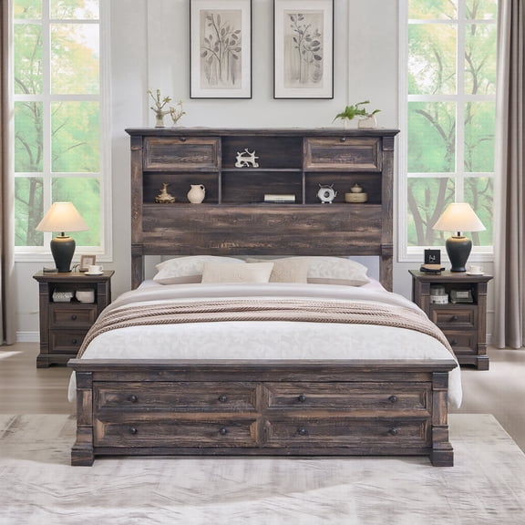 KeyWhat Farmhouse Queen Size Bed Frame with 54" Tall Storage Bookcase Headboard, Wood Platform Bed Frame with 2 Drawers, No Box Spring Needed, Dark Rustic Oak