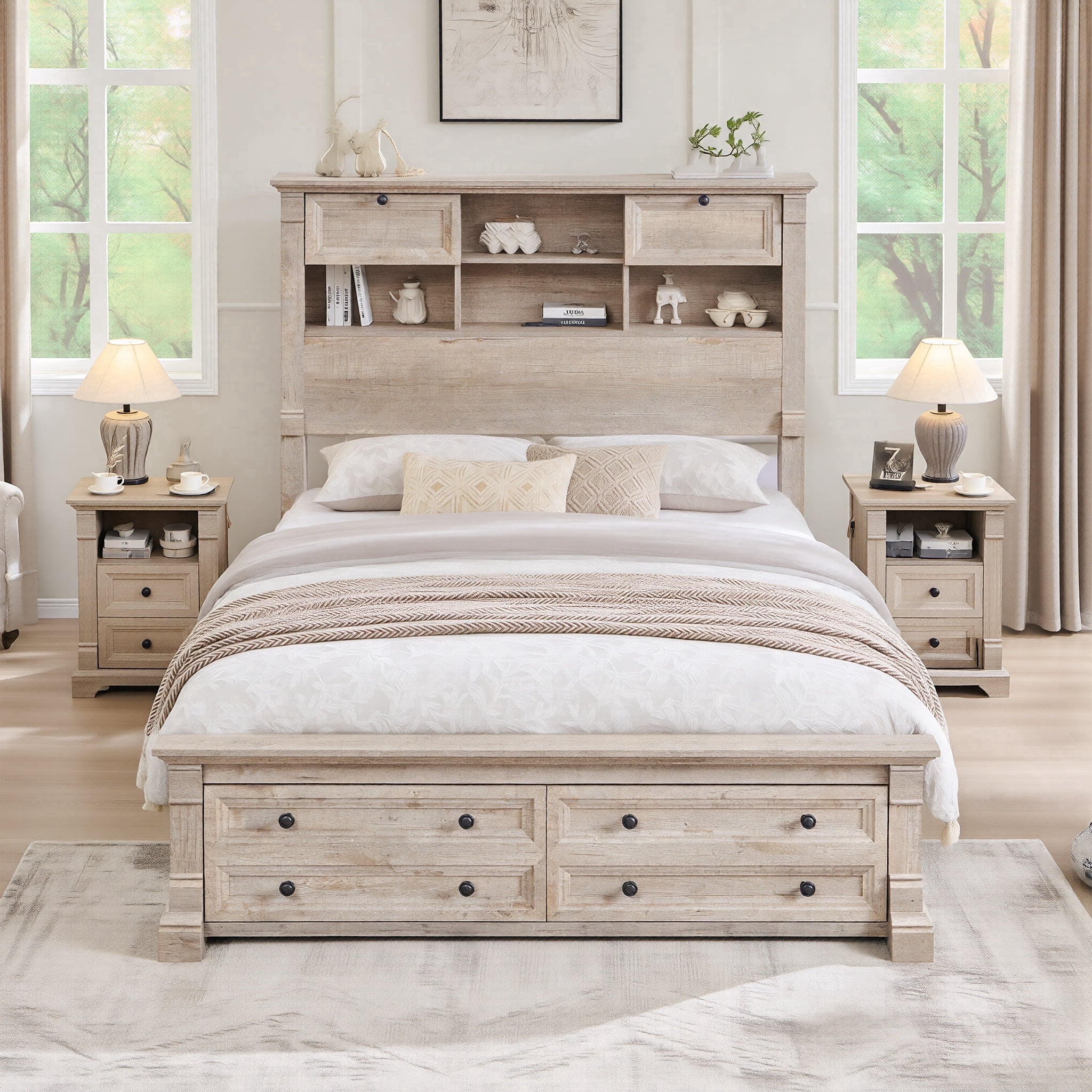 KeyWhat Farmhouse Queen Size Bed Frame with 54" Tall Storage Bookcase Headboard, Wood Platform Bed Frame with 2 Drawers, No Box Spring Needed, Light Rustic Oak