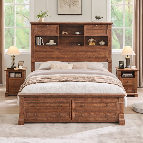 KeyWhat Farmhouse Queen Size Bed Frame with 54" Tall Storage Bookcase Headboard, Wood Platform Bed Frame with Charging Station & 2 Drawers, No Box Spring Needed, Reclaimed Barnwood