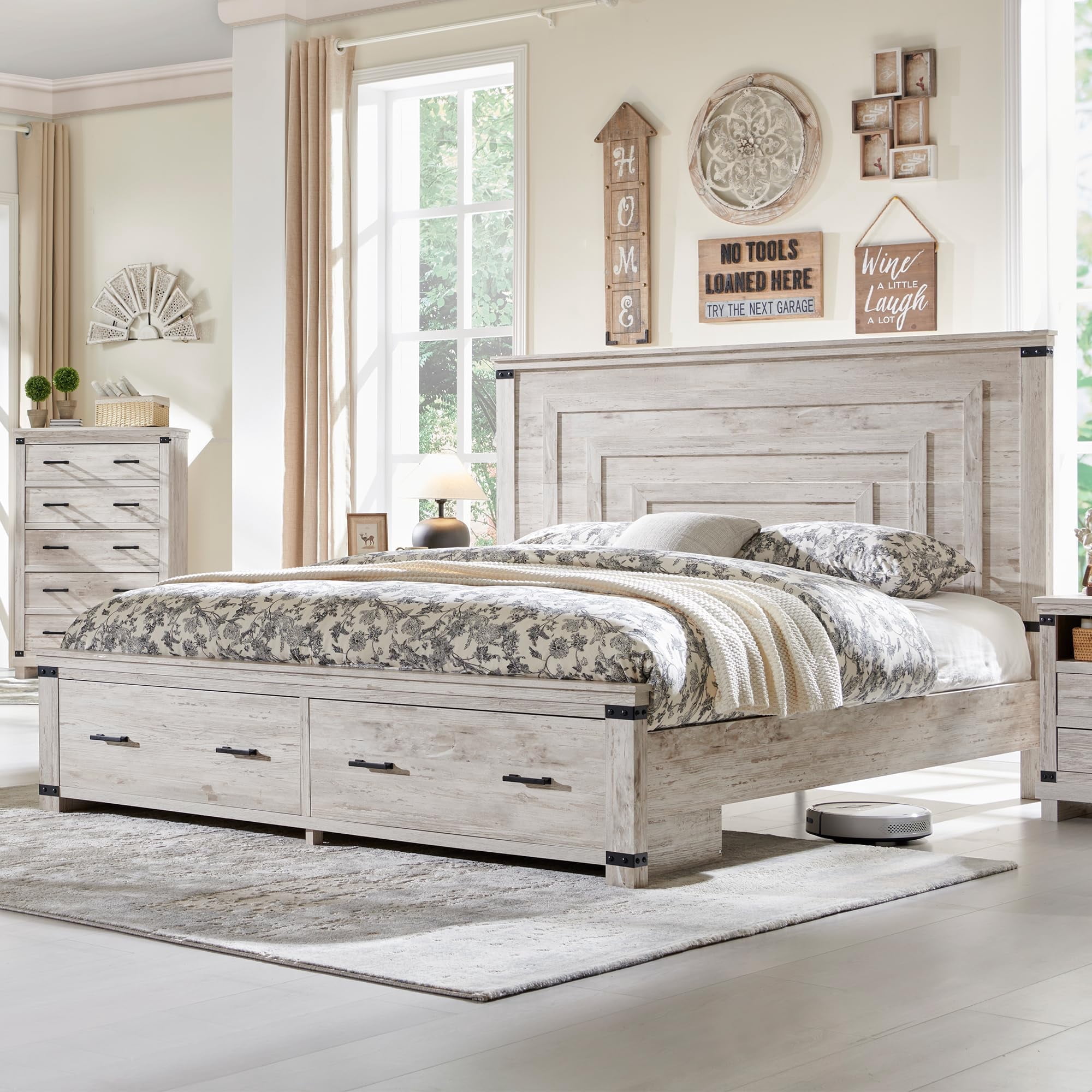 OKD Queen Size Bed Frame W/ 54" Tall Geometric Headboard, Farmhouse Wood Platform Bed W/ 2 Large Storage Drawers, No Box Spring Needed, Antique Brush White