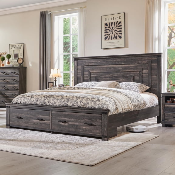 OKD Queen Size Bed Frame W/ 54" Tall Geometric Headboard, Farmhouse Wood Platform Bed W/ 2 Large Storage Drawers, No Box Spring Needed, Dark Rustic Oak