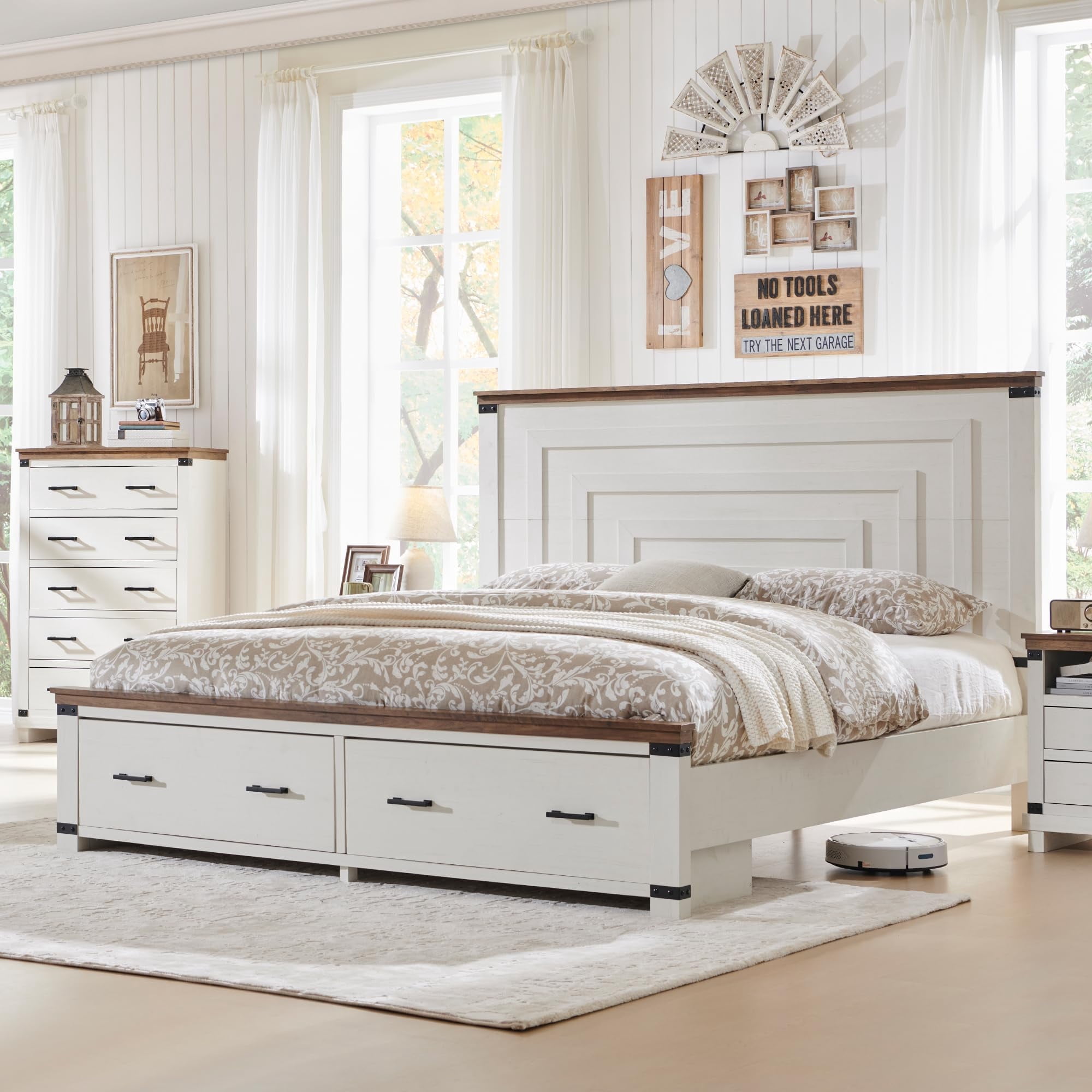 OKD Queen Size Bed Frame W/ 54" Tall Geometric Headboard, Farmhouse Wood Platform Bed W/ 2 Large Storage Drawers, No Box Spring Needed, Antique White