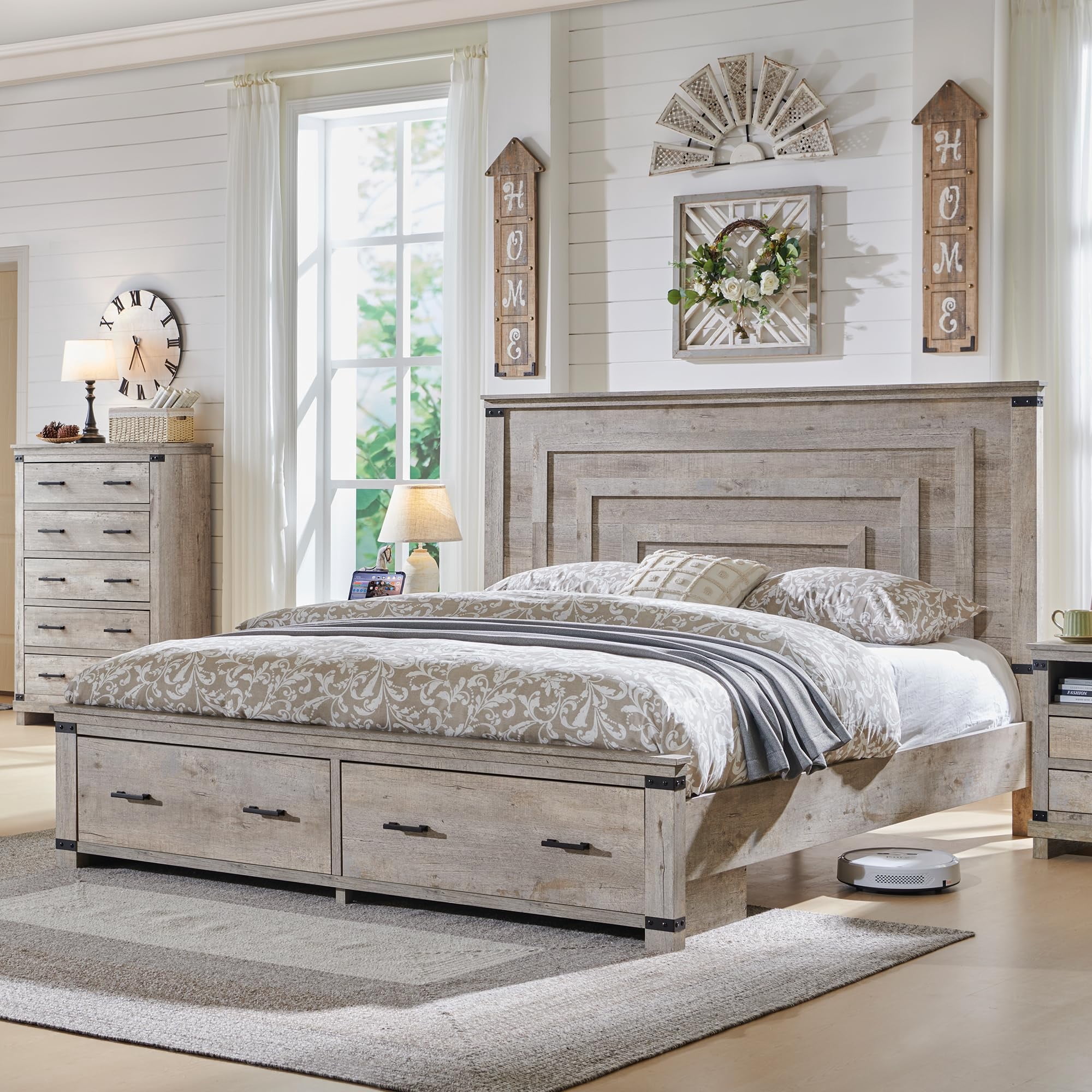 OKD Queen Size Bed Frame W/ 54" Tall Geometric Headboard, Farmhouse Wood Platform Bed W/ 2 Large Storage Drawers, No Box Spring Needed, Light Rustic Oak