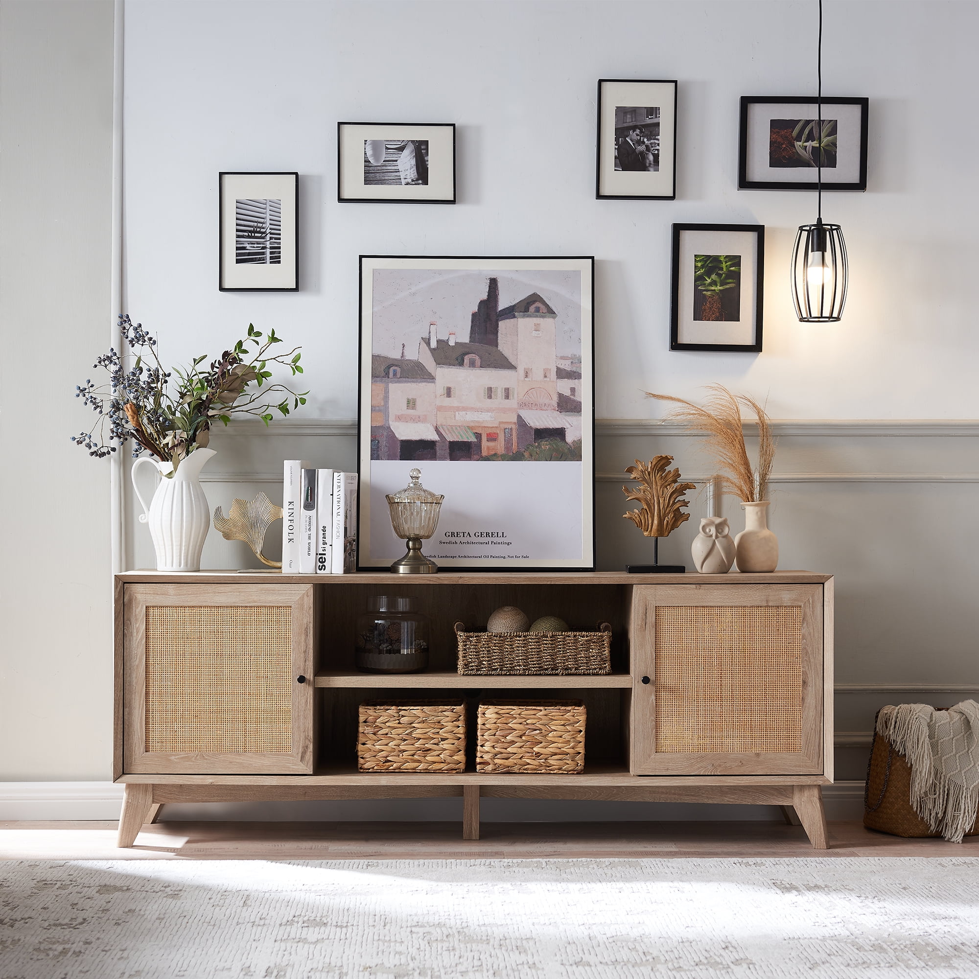 OKD Farmhouse Rattan TV Stand for a 75 inch TV，Wood TV Console