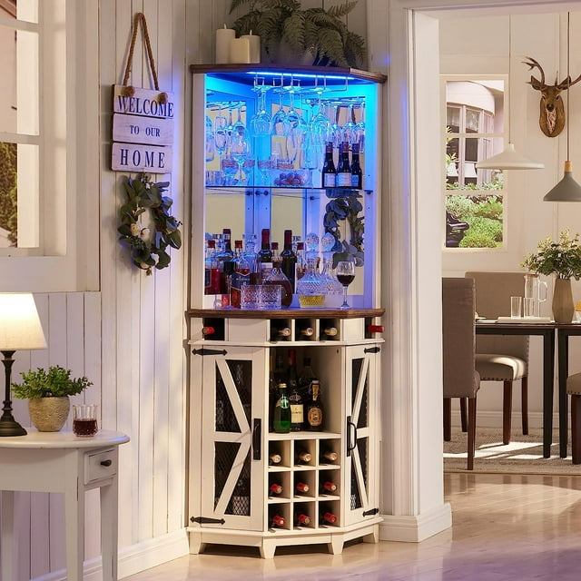 OKD Farmhouse Rustic Corner Wine Bar Storage with Doors and
