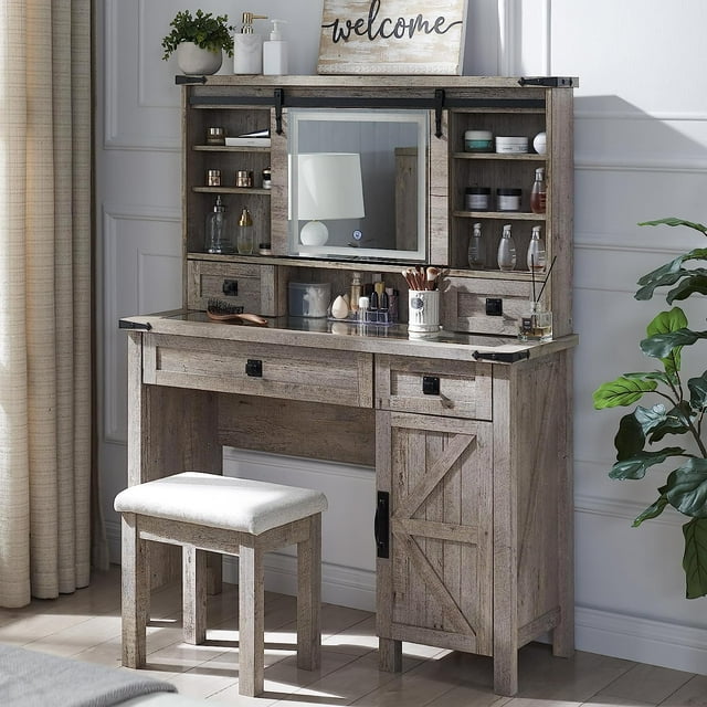 OKD Farmhouse Rustic Makeup Vanity Desk, Glass Top, Mirror & Lights