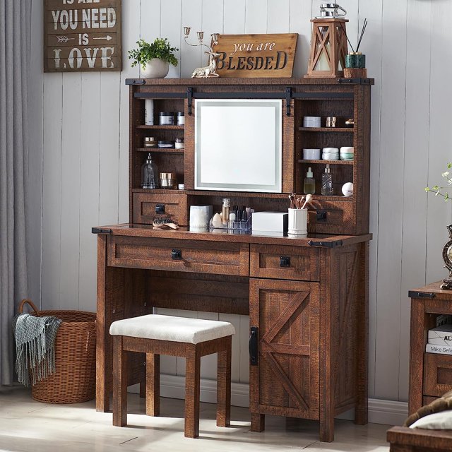 OKD Rustic Makeup Vanity Desk with Sliding Mirror, Glass Top Table Set, Reclaimed Barnwood ...