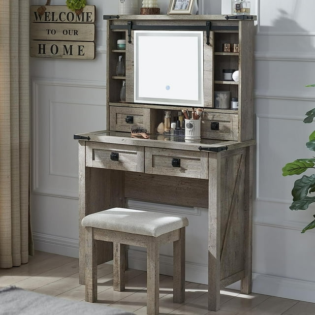 OKD Modern Farmhouse Vanity Desk with Built Furniture Finish, Mirror ...