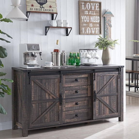 OKD Farmhouse Sideboard Buffet Cabinet with Storage, 60" Large Kitchen Cabinet w/Sliding Barn Doors and 4 Drawers, 31.2'' Tall Rustic Wood Coffee Bar Table for Dining Room, Dark Rustic Oak