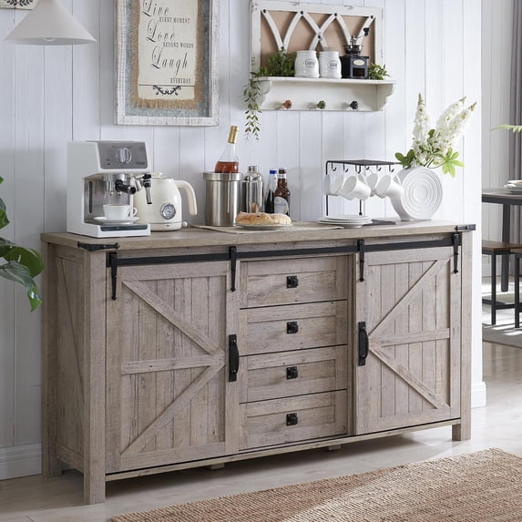 OKD Farmhouse Sideboard Buffet Cabinet with Storage, 60" Large Kitchen Cabinet w/Sliding Barn Doors and 4 Drawers, 31.2'' Tall Rustic Wood Coffee Bar Table for Dining Room, Light Rustic Oak