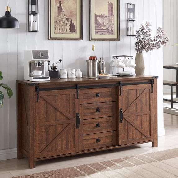 OKD Farmhouse Sideboard Buffet Cabinet with Storage, 60" Large Kitchen Cabinet w/Sliding Barn Doors and 4 Drawers, 31.2'' Tall Rustic Wood Coffee Bar Table for Dining Room,Reclaimed Barnwood