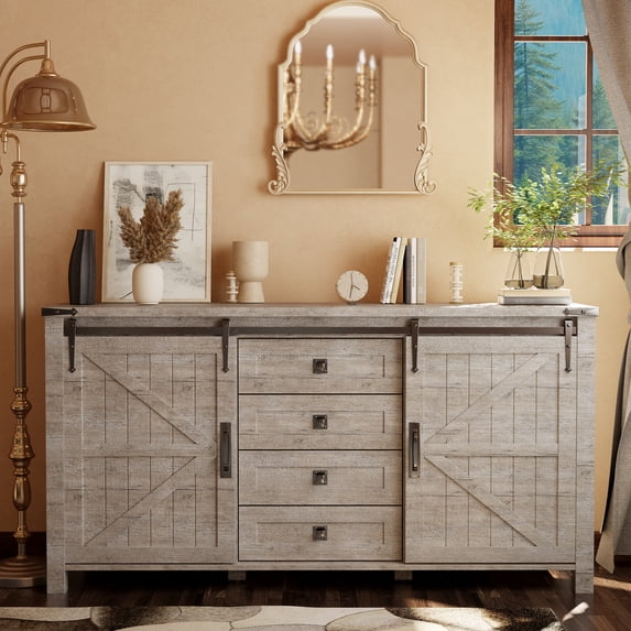 OKD Farmhouse Sideboard Buffet Cabinet with 4 Drawer Storage, Light Rustic Oak