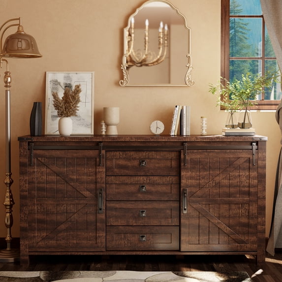 OKD Farmhouse Sideboard Buffet Cabinet with 4 Drawer Storage, Reclaimed Barnwood
