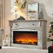 OKD Farmhouse TV Stand Electric Fireplace with Mantel, 52 inch Entertainment Center w/36 Electric Fireplace & Sime-Open Cubby & Open Bottom for Living Room, Light Rustic Oak